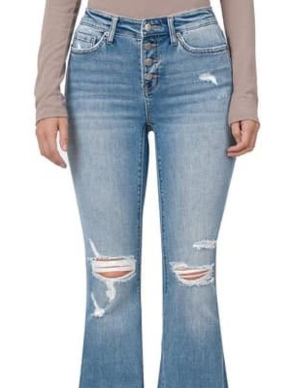 Zenana Women's Blue Button Fly Flare Jeans - Picture 2 of 7